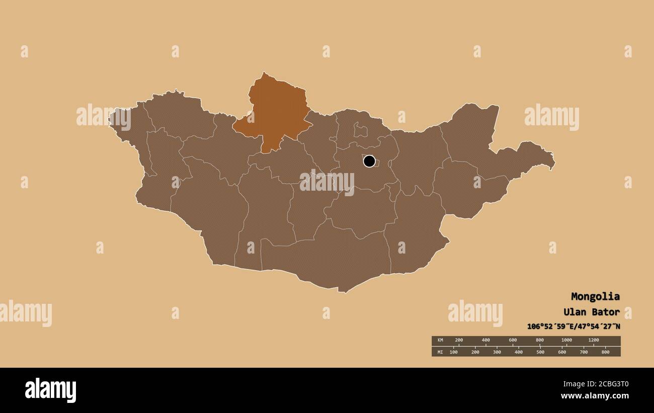 Forma desaturata della Mongolia con la sua capitale, la principale divisione regionale e la zona separata di Hövsgöl. Etichette. Composizione di testo regolarmente modellato Foto Stock