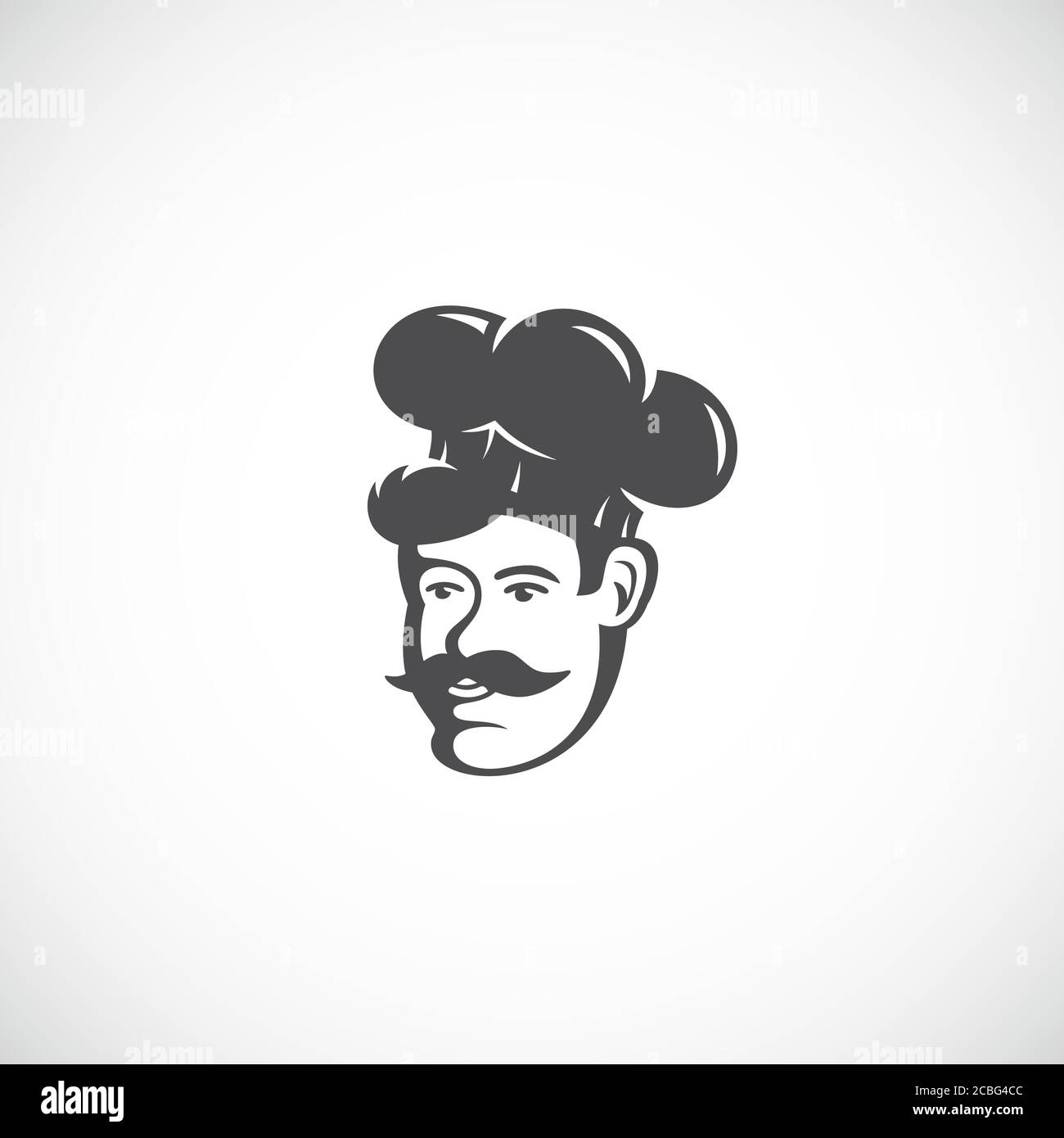 Chef Abstract Vector Sign, Symbol o Logo Template. Emblema in stile retrò. Cuocete il viso in un cappello con baffi. Illustrazione Vettoriale
