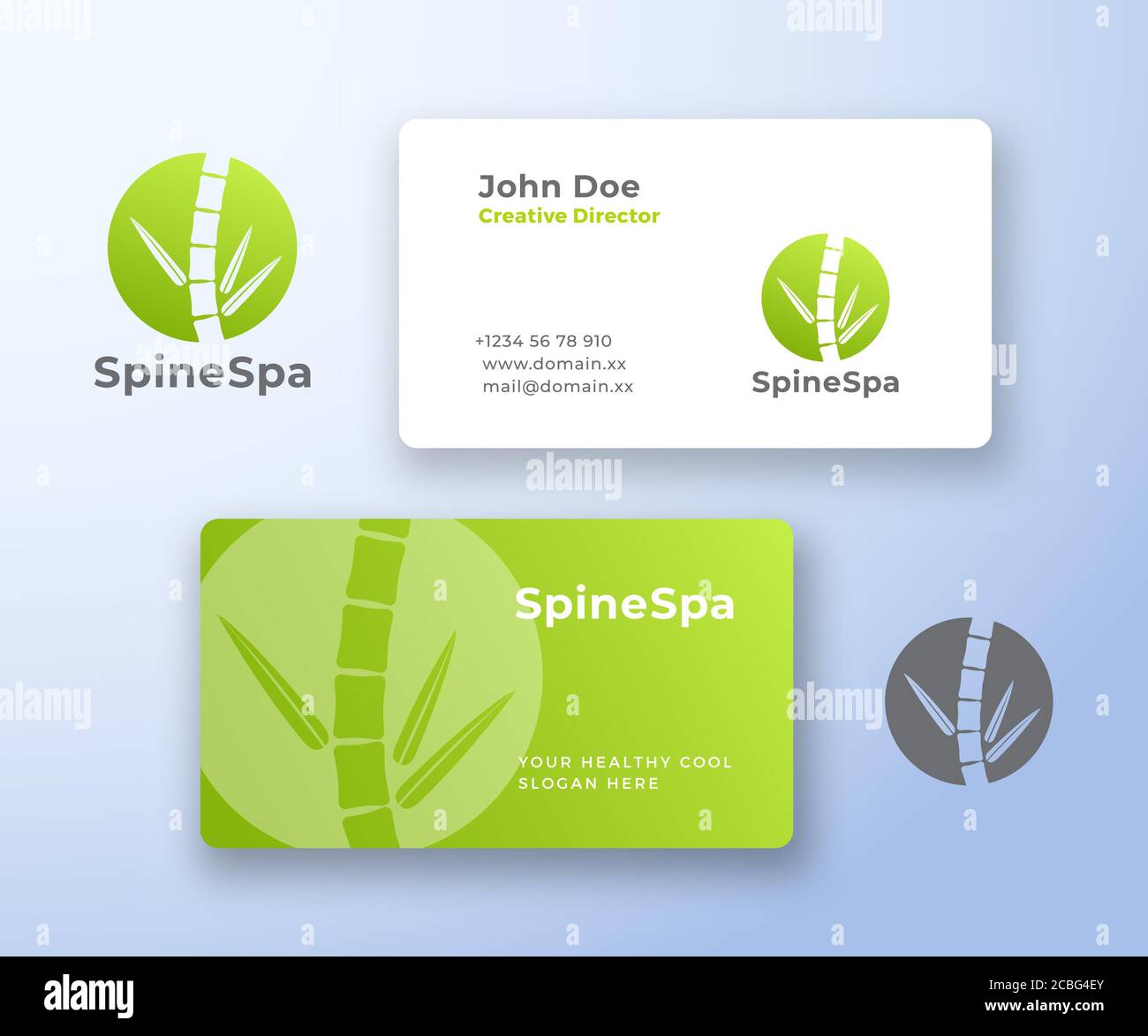 Logo vettoriale e modello di biglietto da visita per l'astratto di spine Spa. Gambo di bambù come una spina con le foglie. Tipografia moderna. Mock-up realistico stazionario di alta qualità Illustrazione Vettoriale
