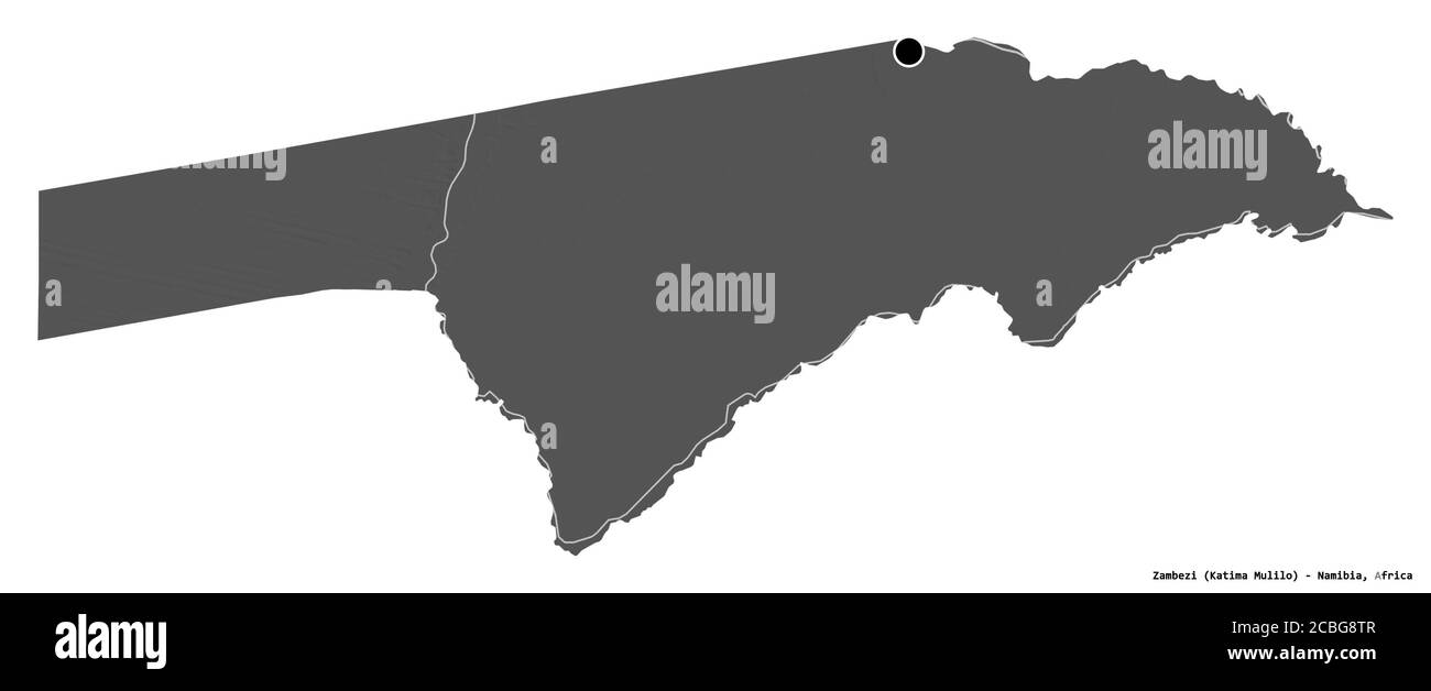 Forma dello Zambesi, regione della Namibia, con la sua capitale isolata su sfondo bianco. Mappa elevazione bilivello. Rendering 3D Foto Stock