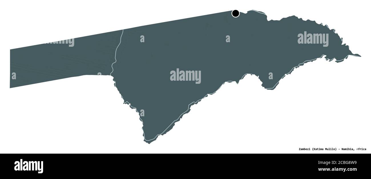 Forma dello Zambesi, regione della Namibia, con la sua capitale isolata su sfondo bianco. Mappa di elevazione colorata. Rendering 3D Foto Stock