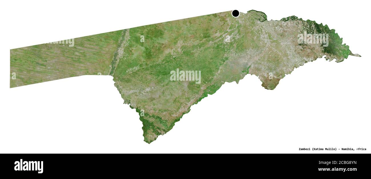 Forma dello Zambesi, regione della Namibia, con la sua capitale isolata su sfondo bianco. Immagini satellitari. Rendering 3D Foto Stock