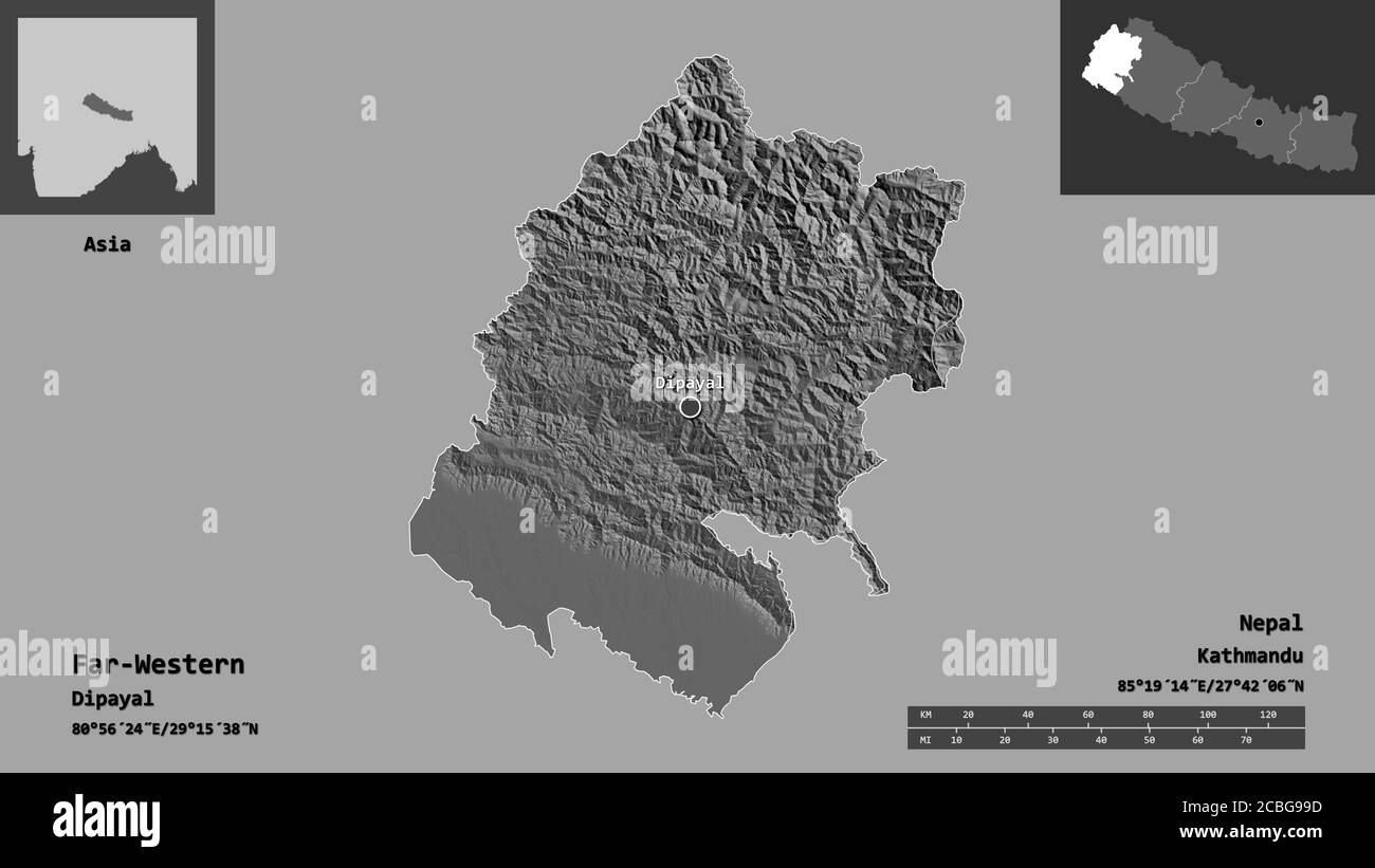 Forma di far-occidentale, regione di sviluppo del Nepal, e la sua capitale. Scala della distanza, anteprime ed etichette. Mappa elevazione bilivello. Rendering 3D Foto Stock