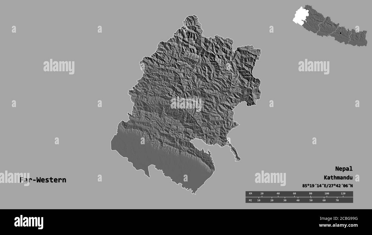 Forma dell'estremo-occidentale, regione di sviluppo del Nepal, con la sua capitale isolata su fondo solido. Scala della distanza, anteprima della regione ed etichette. Bilivello e Foto Stock