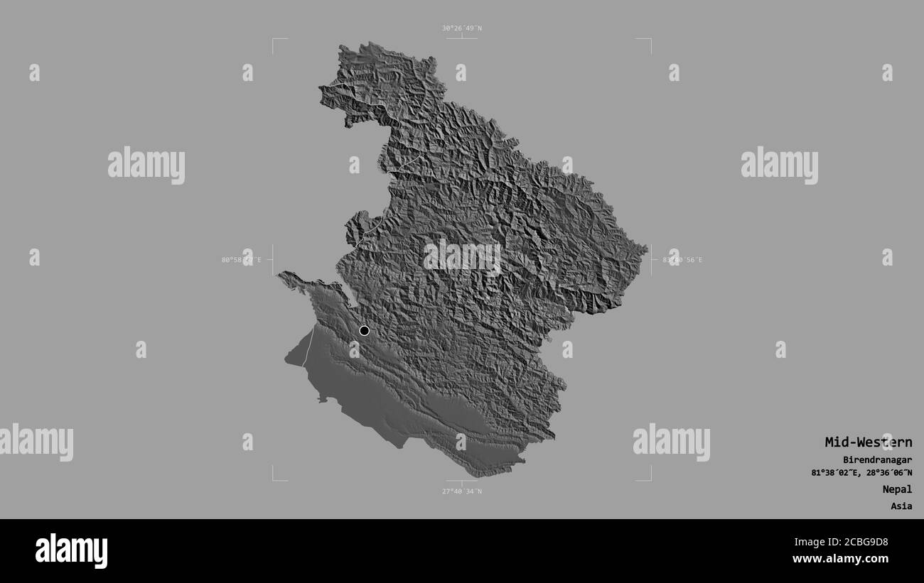 Area del Mid-Western, regione di sviluppo del Nepal, isolata su uno sfondo solido in un rettangolo di selezione georeferenziato. Etichette. Mappa elevazione bilivello. Re 3D Foto Stock