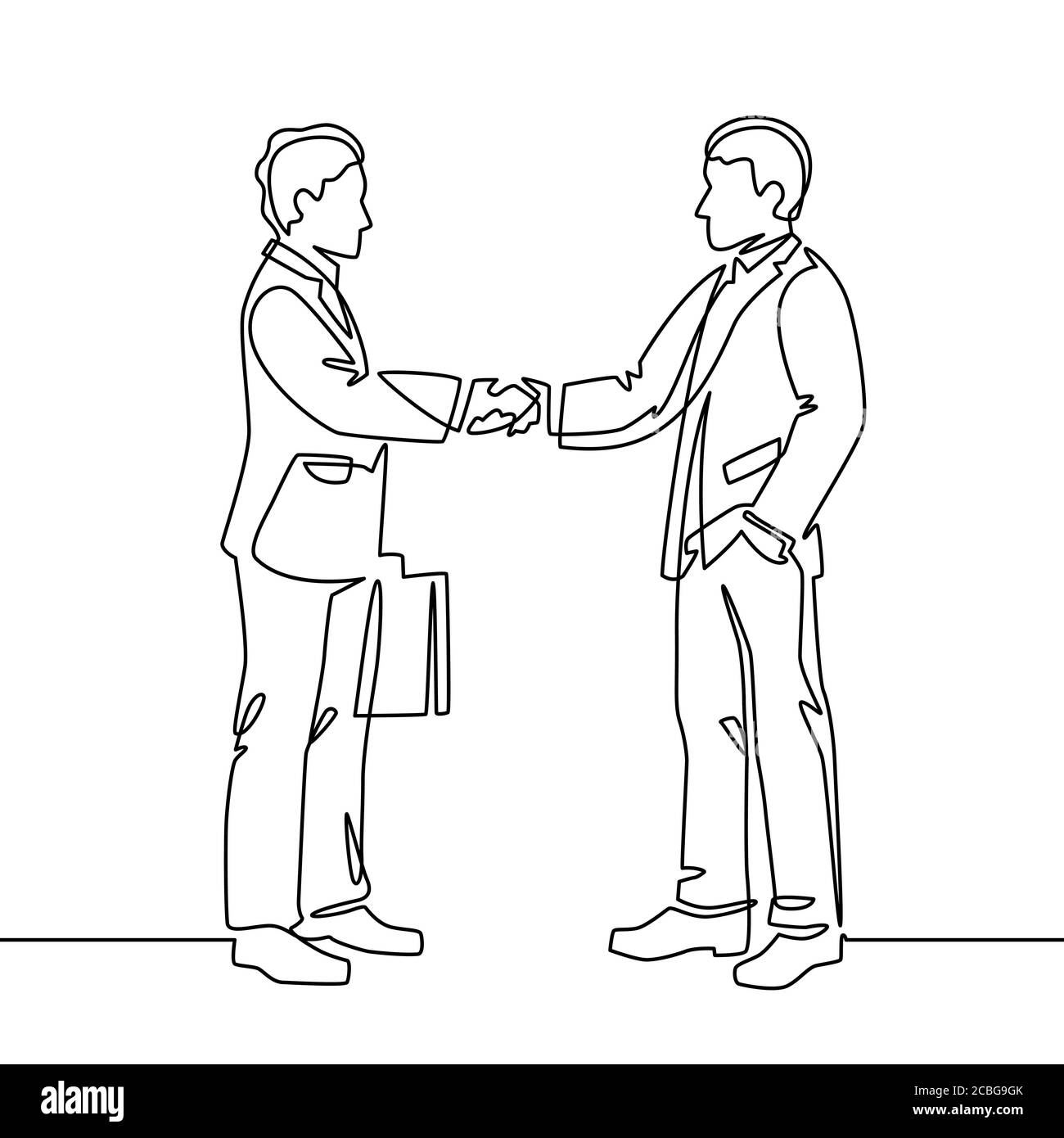 Handshake a una linea. Il simbolo dell'accordo commerciale stringe le mani, il lavoro di squadra di partnership, il concetto di vettore di linea continuo di collaborazione del partner Illustrazione Vettoriale