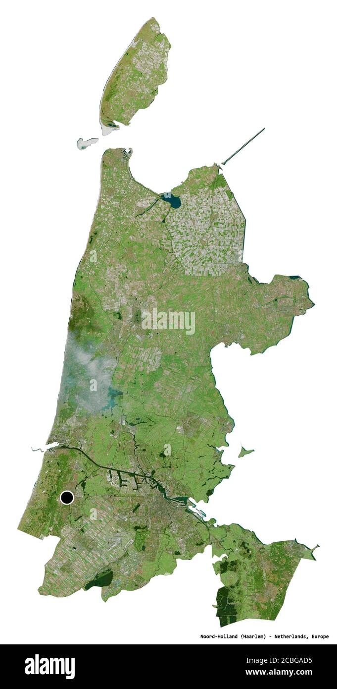 Forma di Noord-Holland, provincia dei Paesi Bassi, con la sua capitale isolata su sfondo bianco. Immagini satellitari. Rendering 3D Foto Stock