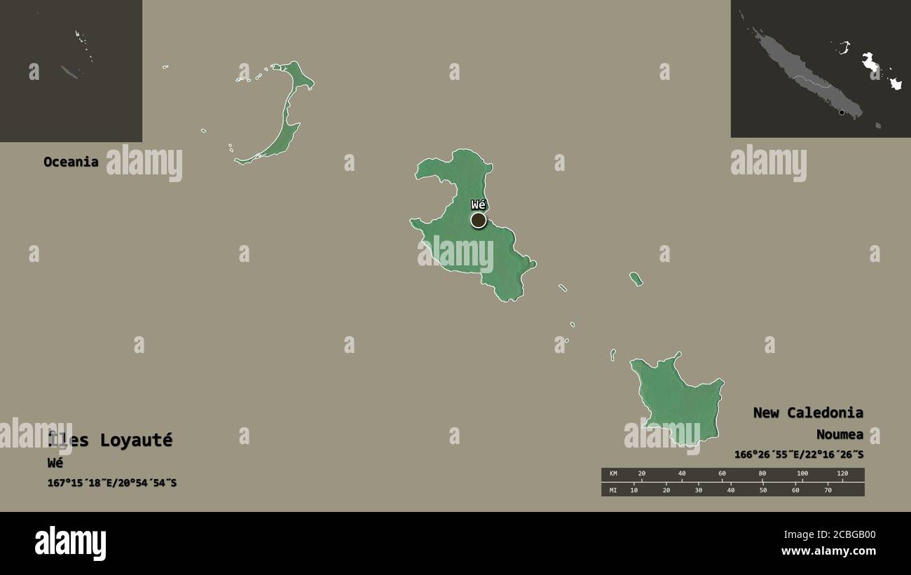 Forma di Îles Loyauté, provincia della Nuova Caledonia, e la sua capitale. Scala della distanza, anteprime ed etichette. Mappa di rilievo topografico. Rendering 3D Foto Stock