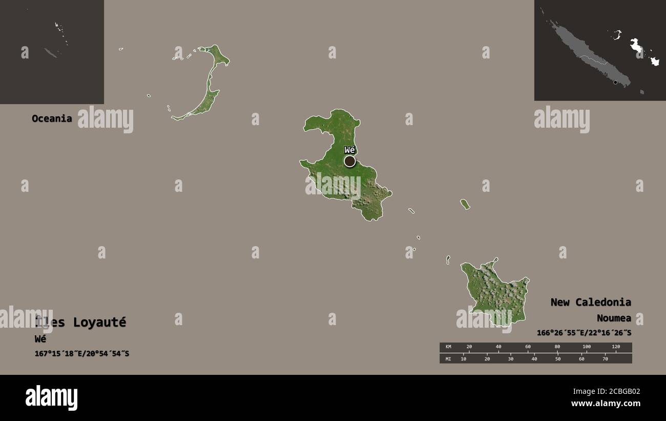 Forma di Îles Loyauté, provincia della Nuova Caledonia, e la sua capitale. Scala della distanza, anteprime ed etichette. Immagini satellitari. Rendering 3D Foto Stock