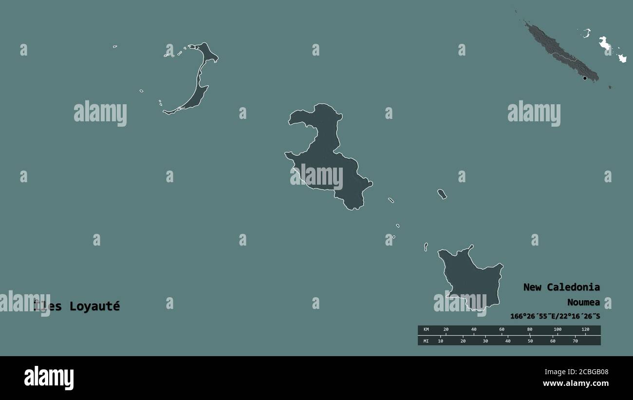 Forma di Îles Loyauté, provincia della Nuova Caledonia, con la sua capitale isolata su solido sfondo. Scala della distanza, anteprima della regione ed etichette. Colore el Foto Stock