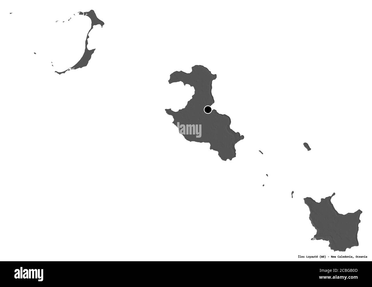 Forma di Îles Loyauté, provincia della Nuova Caledonia, con la sua capitale isolata su sfondo bianco. Mappa elevazione bilivello. Rendering 3D Foto Stock