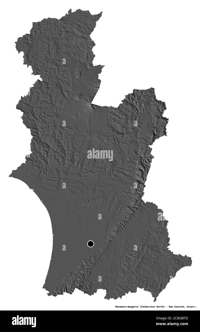 Forma di Manawatu-Wanganui, consiglio regionale della Nuova Zelanda, con la sua capitale isolata su sfondo bianco. Mappa elevazione bilivello. Rendering 3D Foto Stock