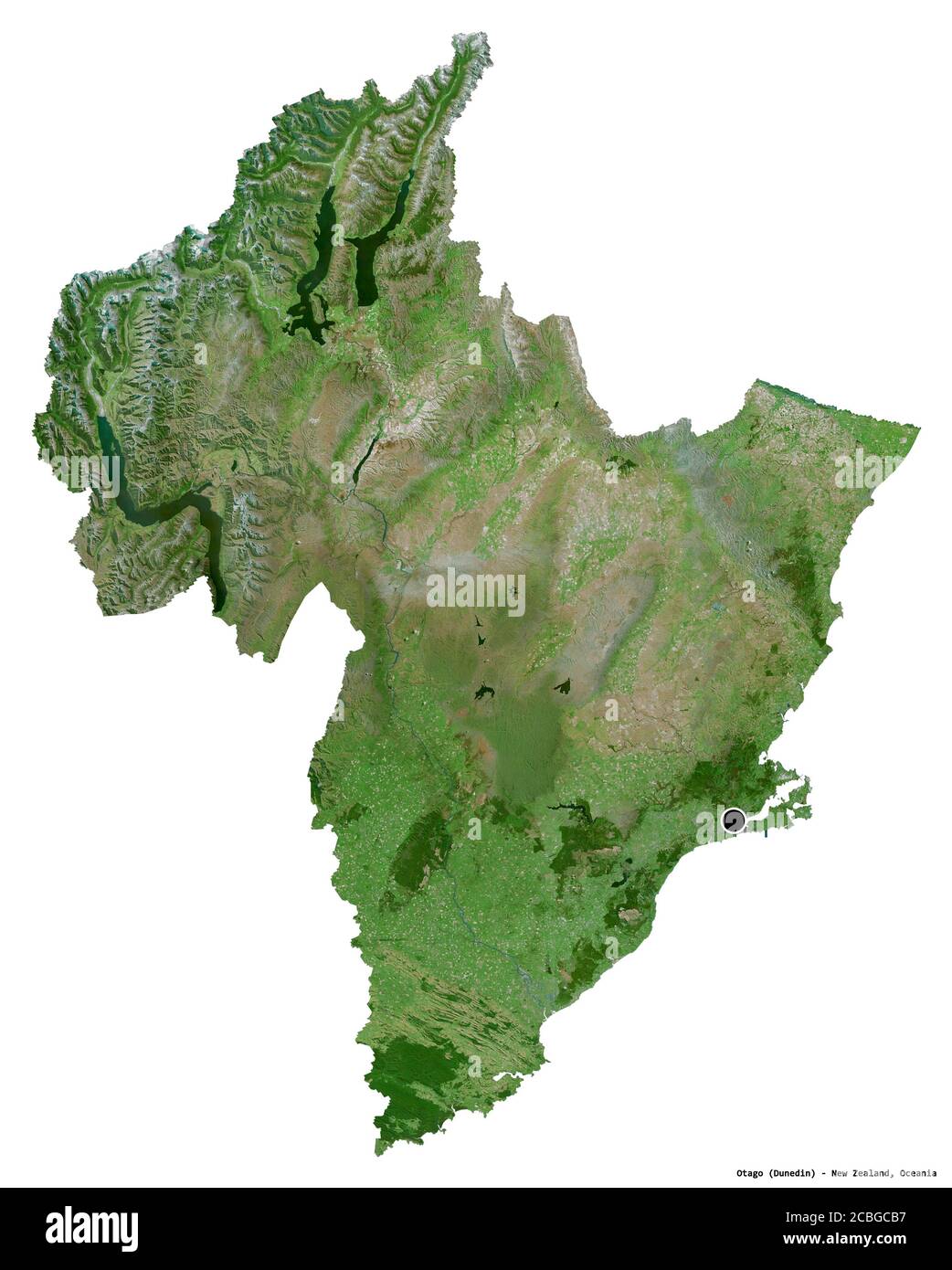 Forma di Otago, consiglio regionale della Nuova Zelanda, con la sua capitale isolata su sfondo bianco. Immagini satellitari. Rendering 3D Foto Stock