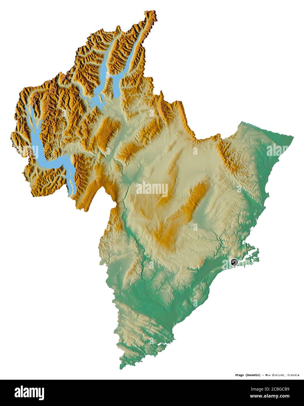 Forma di Otago, consiglio regionale della Nuova Zelanda, con la sua capitale isolata su sfondo bianco. Mappa di rilievo topografico. Rendering 3D Foto Stock