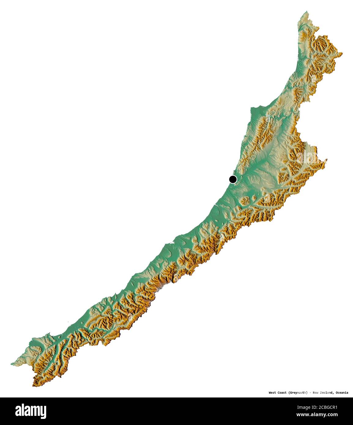 Forma della costa occidentale, consiglio regionale della Nuova Zelanda, con la sua capitale isolata su sfondo bianco. Mappa di rilievo topografico. Rendering 3D Foto Stock