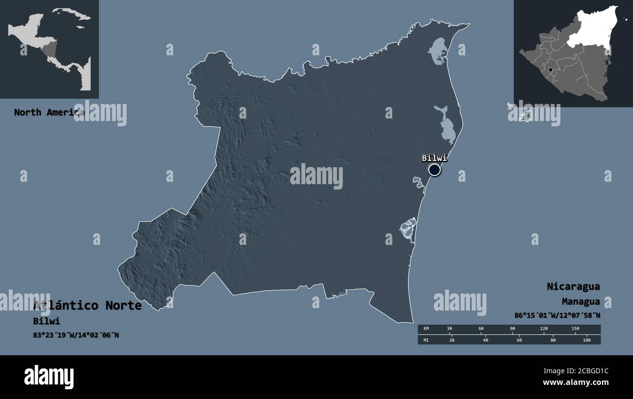 Forma di Atlántico Norte, regione autonoma del Nicaragua, e la sua capitale. Scala della distanza, anteprime ed etichette. Mappa di elevazione colorata. Rendering 3D Foto Stock