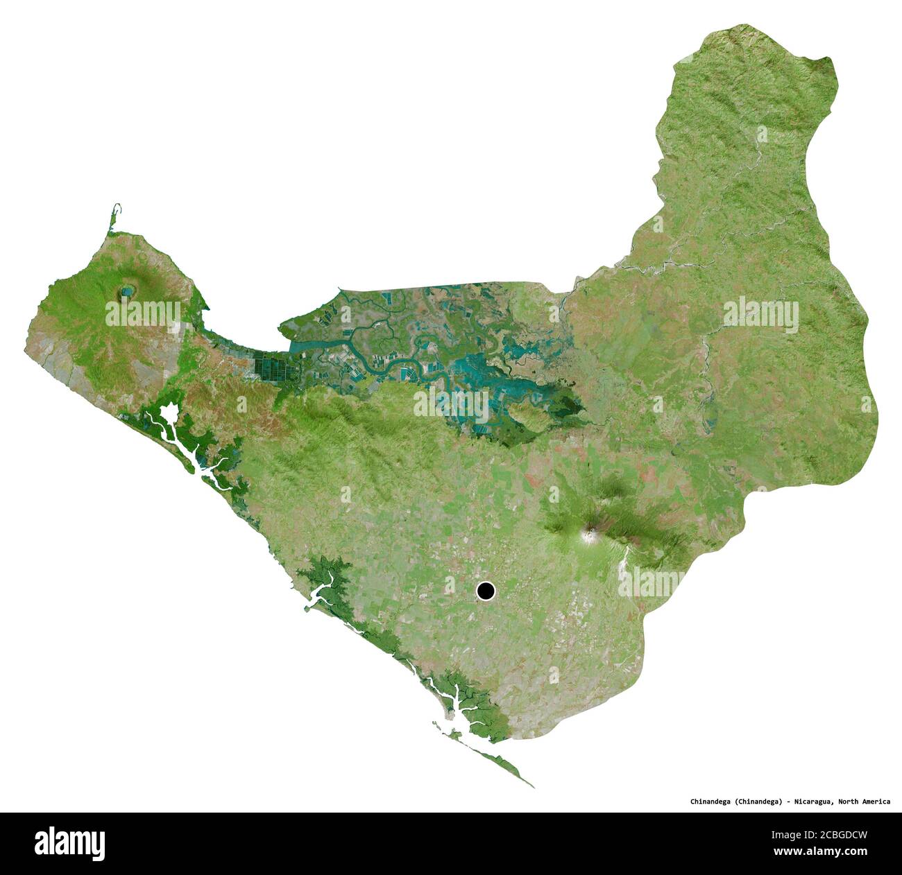 Forma di Chinandega, dipartimento del Nicaragua, con la sua capitale isolata su sfondo bianco. Immagini satellitari. Rendering 3D Foto Stock