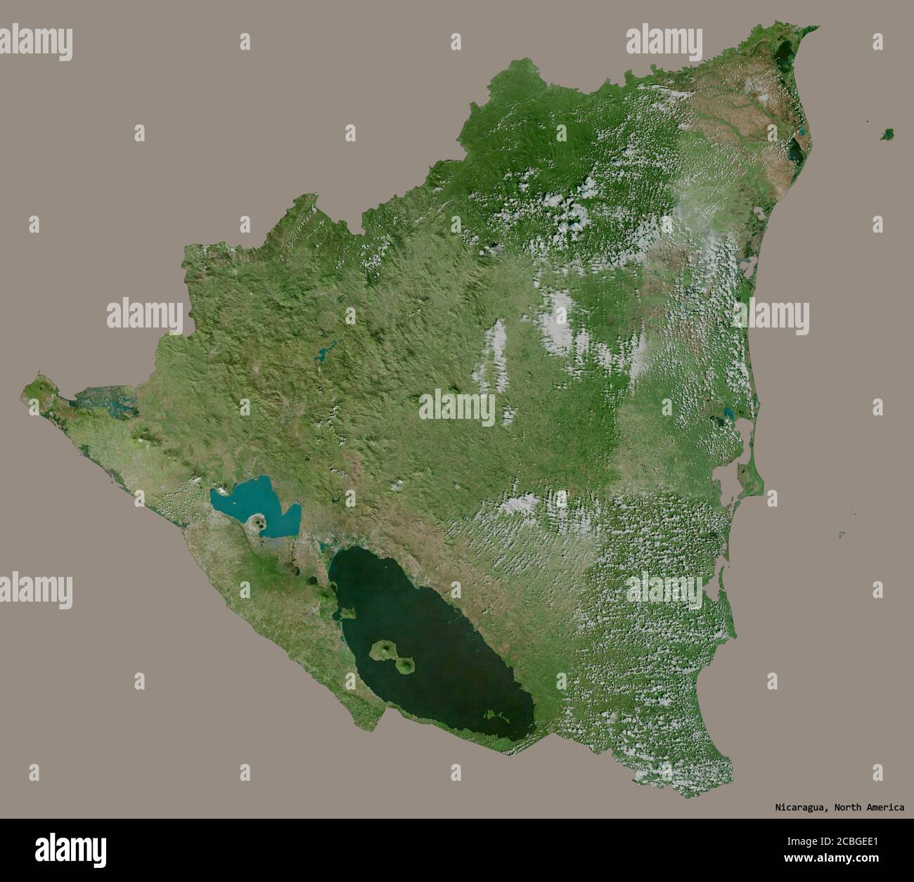 Forma del Nicaragua con la sua capitale isolata su uno sfondo di colore pieno. Immagini satellitari. Rendering 3D Foto Stock