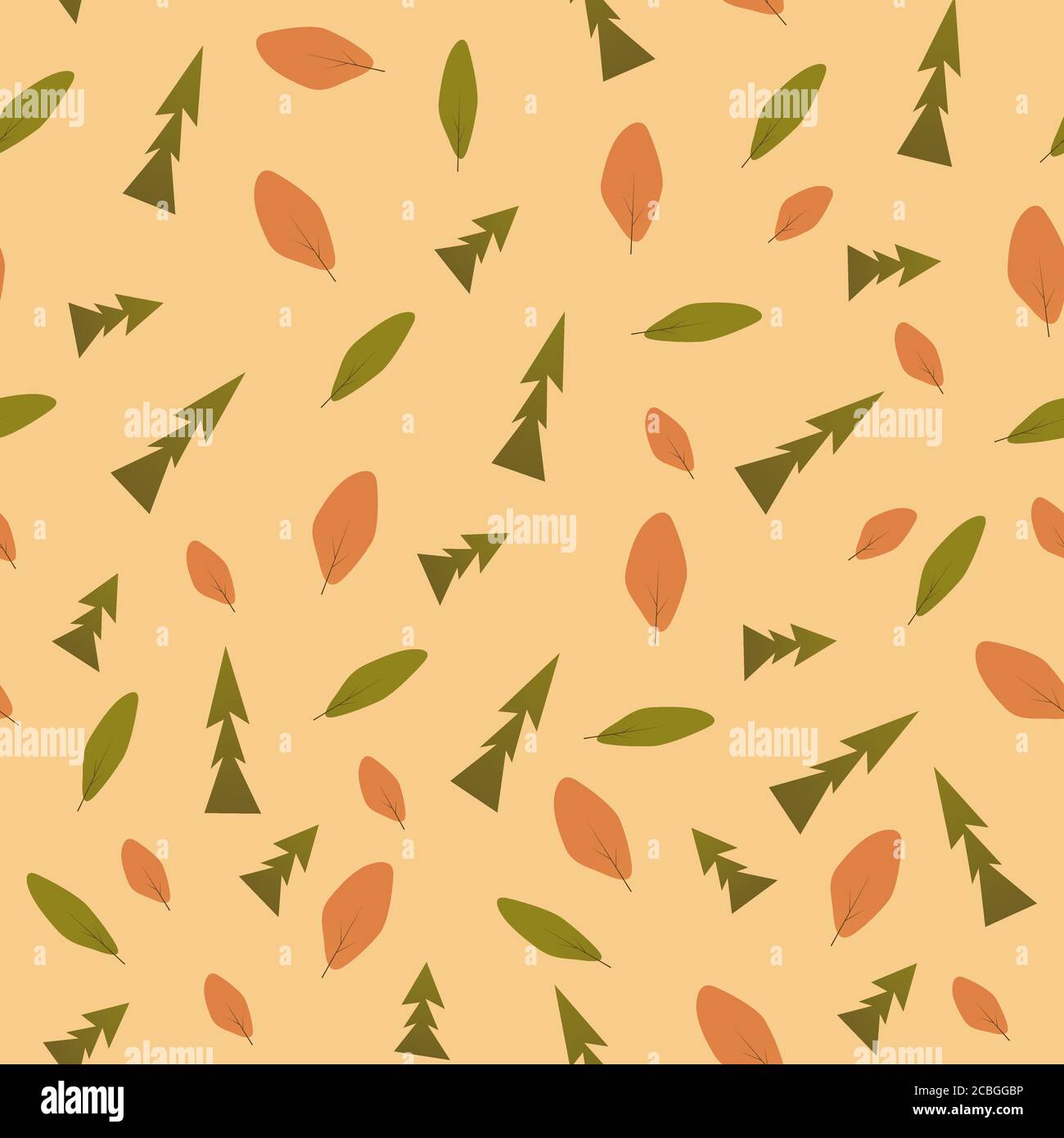 Motivo senza cuciture di abete rosso e alberi in colori autunnali, per avvolgere carta, carta da parati, motivo tessuto, sfondo, stampa, confezione regalo, copertina di notebook Illustrazione Vettoriale