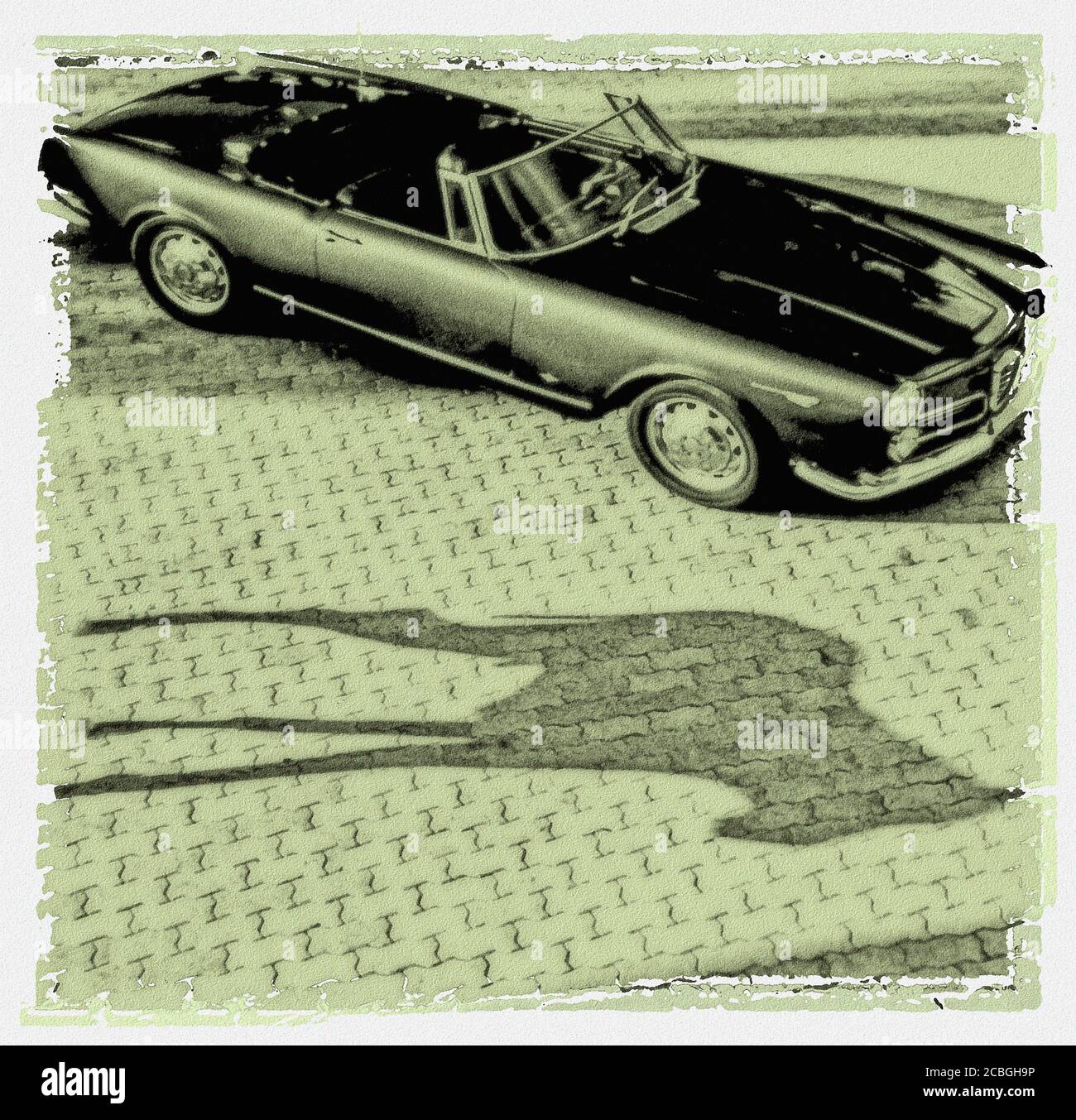 Immagine in bianco e nero di Ferrari berlina e ombra di Grande Dane Foto Stock