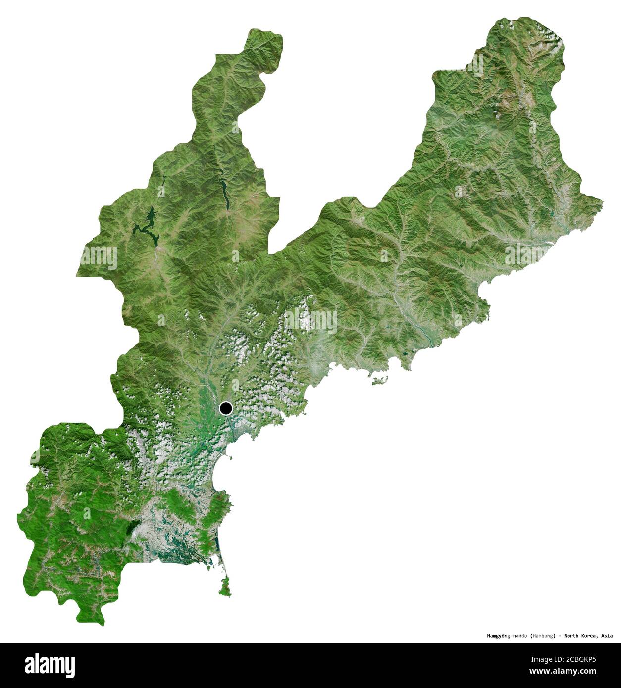 Forma di Hamgyŏng-namdo, provincia della Corea del Nord, con la sua capitale isolata su sfondo bianco. Immagini satellitari. Rendering 3D Foto Stock