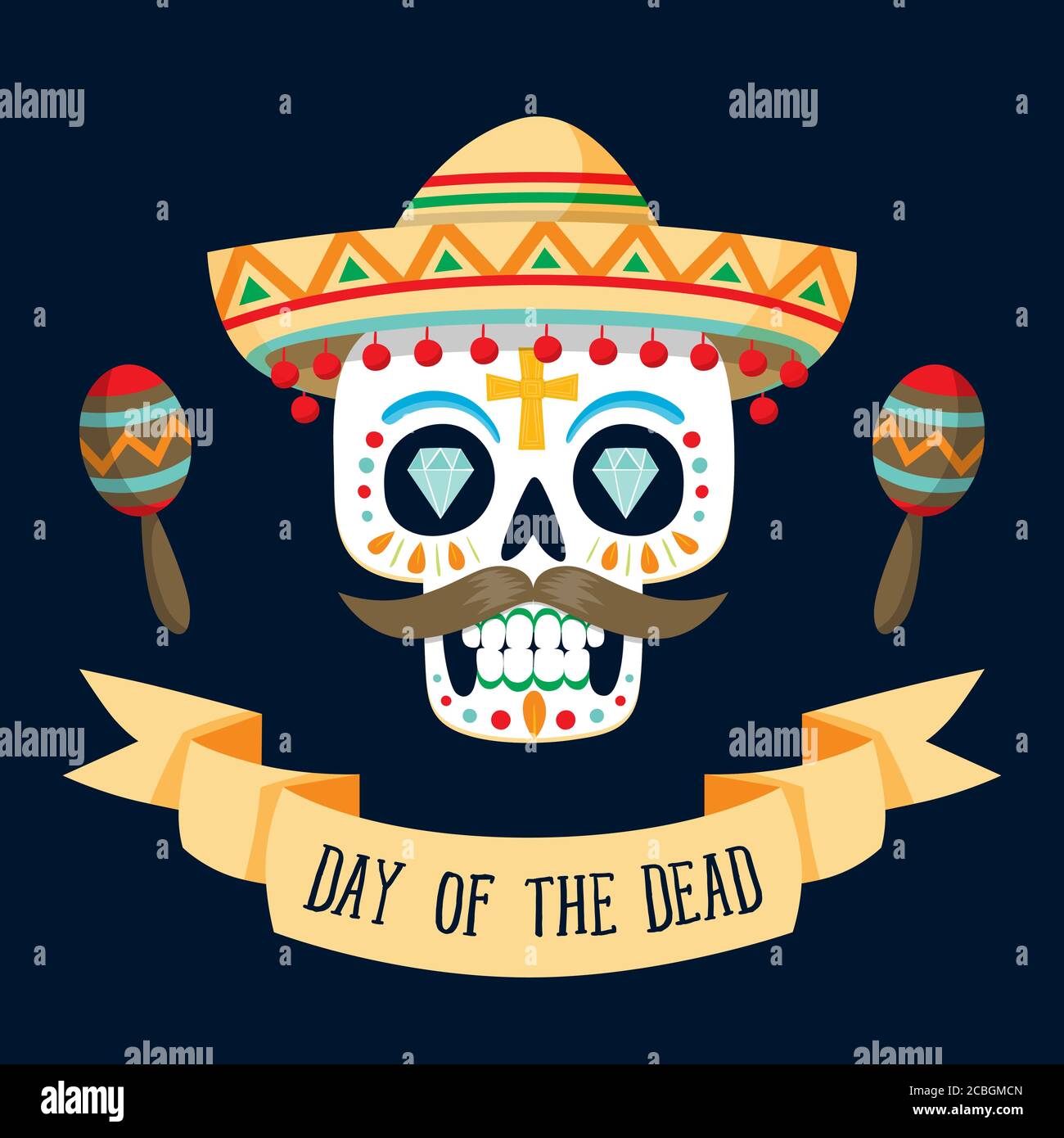 Scheda "Dia de los Muertos" (giorno del morto) con testo in inglese. Cranio di zucchero messicano con un cappello e due maracas. Illustrazione vettoriale. Illustrazione Vettoriale