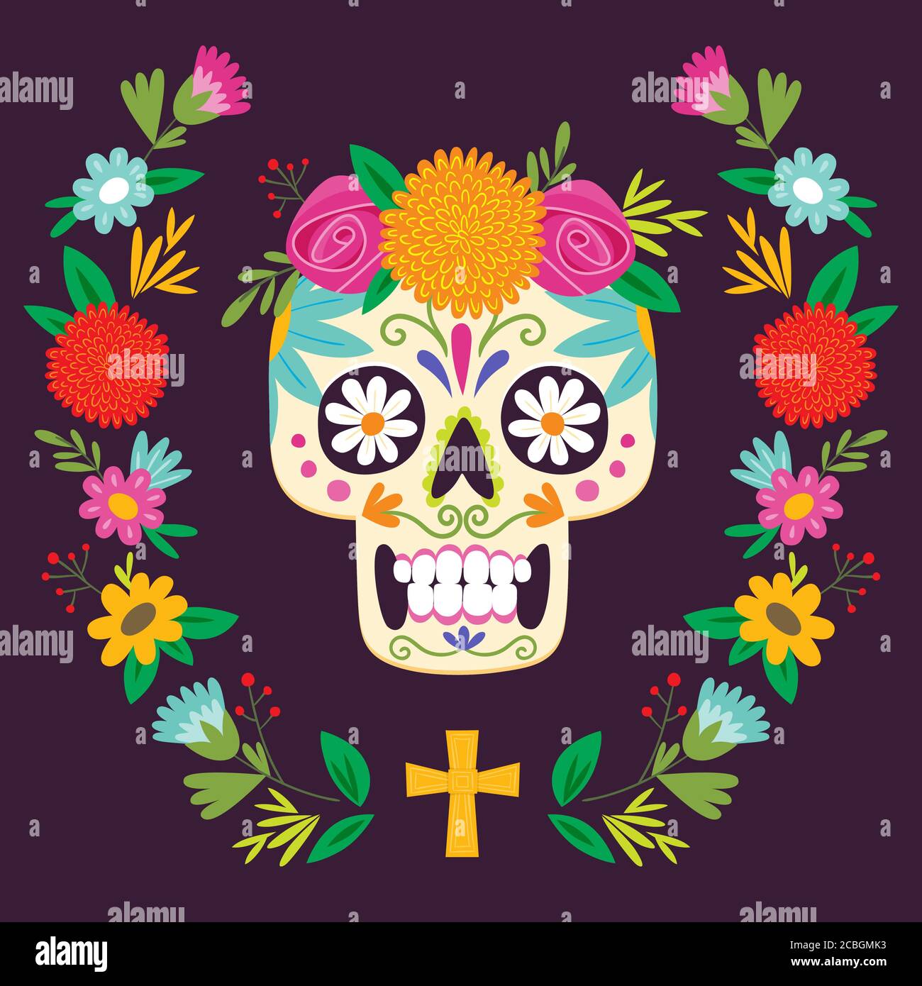 Poster "Dia de los Muertos" (giorno dei morti). Cranio di zucchero messicano con decorazione floreale. Illustrazione vettoriale. Illustrazione Vettoriale