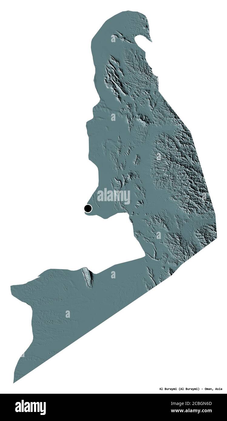 Forma di al Buraymi, regione dell'Oman, con la sua capitale isolata su sfondo bianco. Mappa di elevazione colorata. Rendering 3D Foto Stock