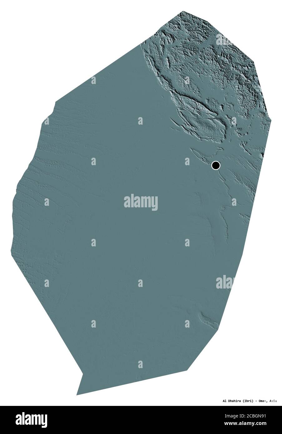 Forma di al Dhahira, regione di Oman, con la sua capitale isolata su sfondo bianco. Mappa di elevazione colorata. Rendering 3D Foto Stock