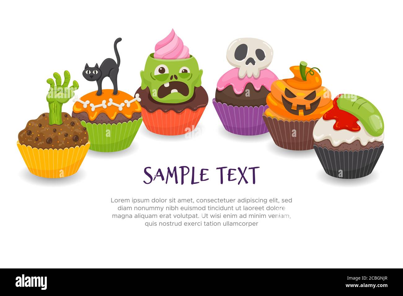 Halloween sfondo con sei creepy halloween cupcakes, isolato su sfondo bianco. Spazio vuoto nella parte inferiore, perfetto per aggiungere il tuo testo. Illustrazione Vettoriale