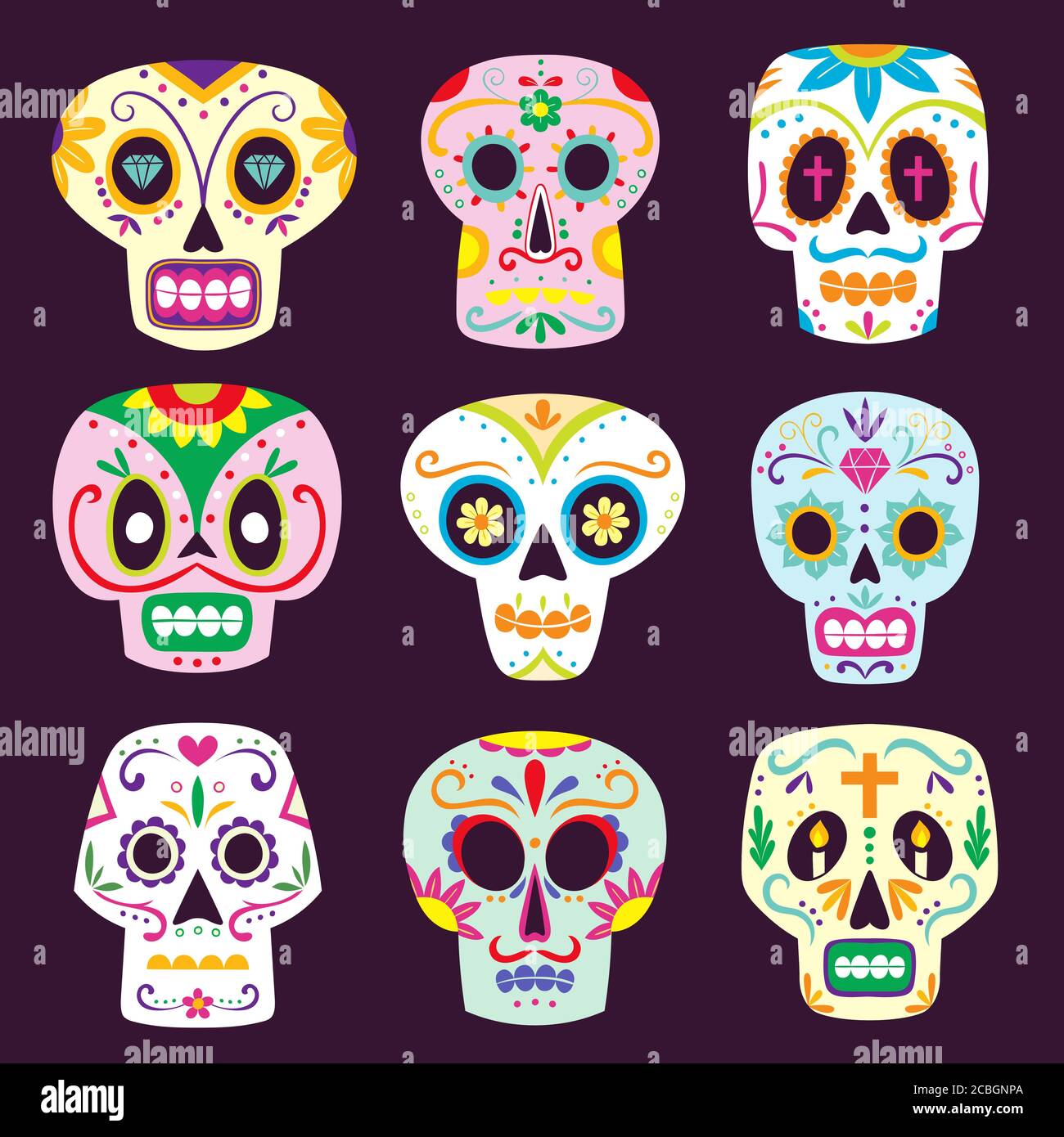 Set di cranio messicano. Carino teschi di zucchero colorati in stile cartone animato. Illustrazione vettoriale. Illustrazione Vettoriale
