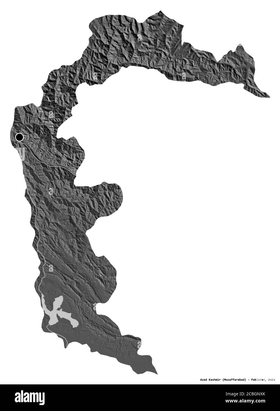 Forma di Azad Kashmir, area amministrata centralmente del Pakistan, con la sua capitale isolata su sfondo bianco. Mappa elevazione bilivello. Rendering 3D Foto Stock