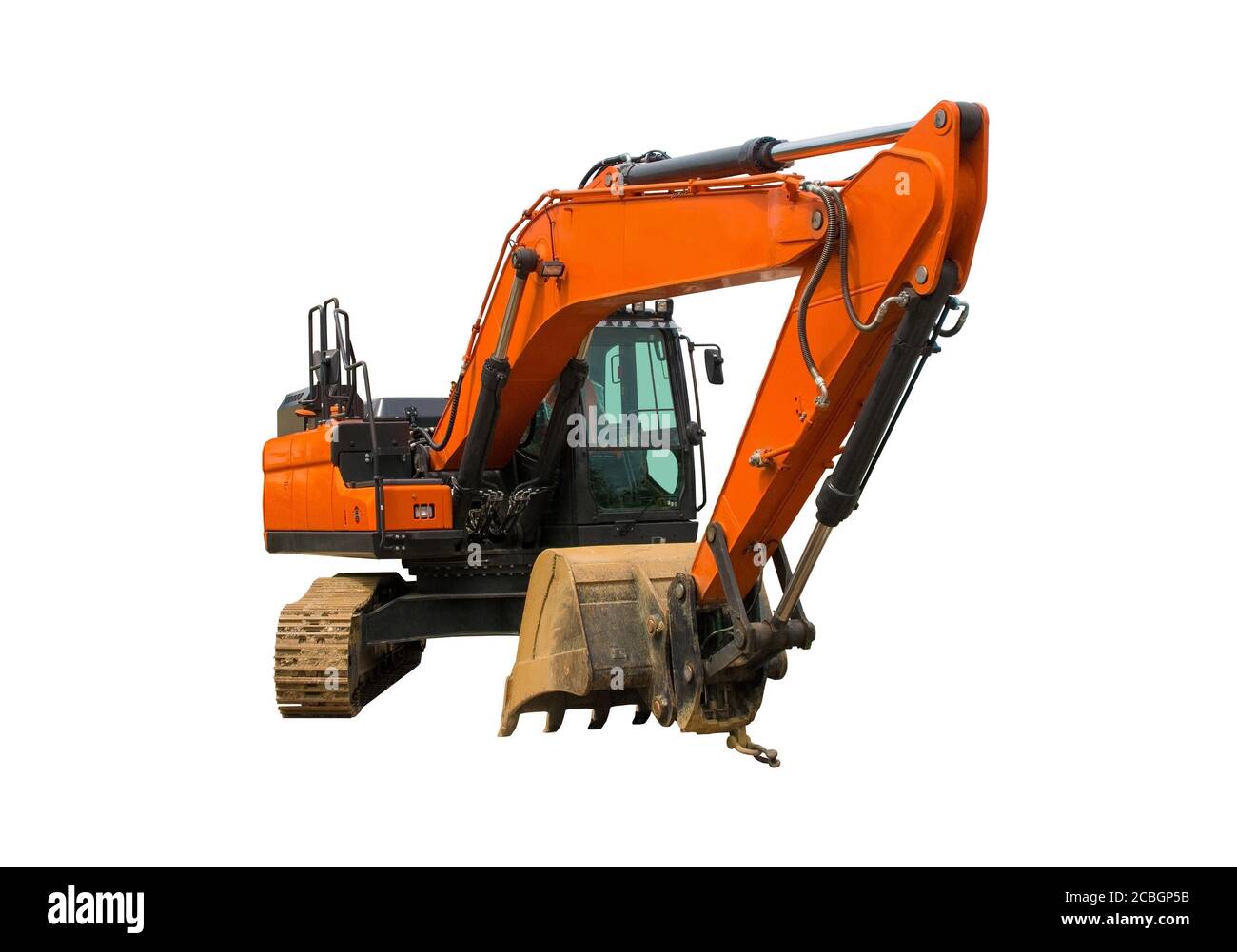 Escavatore cingolato con piattaforma rotante e cingolo caterpillar continuo isolato su sfondo bianco. Vista frontale Foto Stock