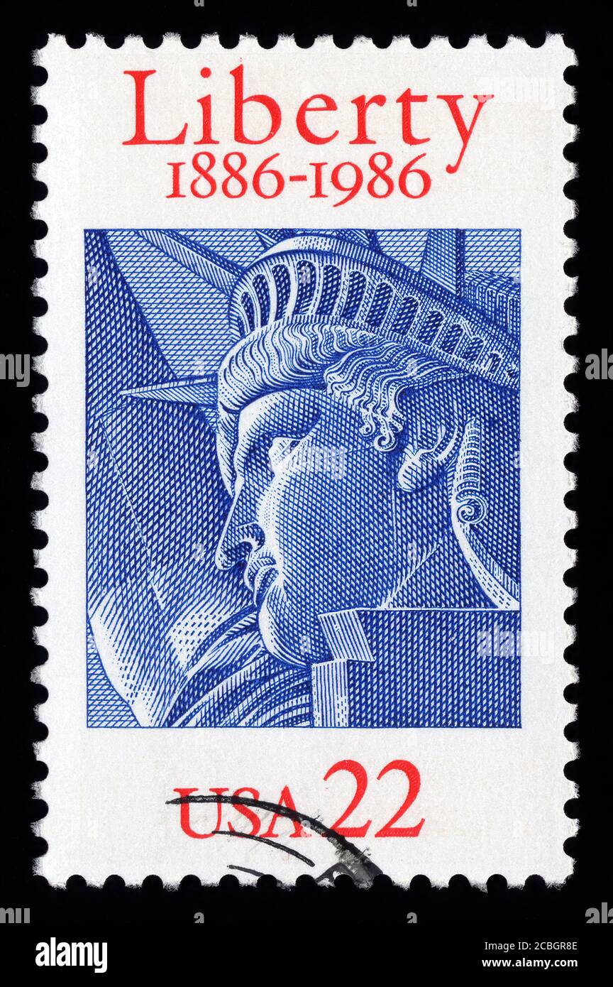 Londra, UK, 5 febbraio 2011 - Vintage 1986 USA ha annullato il francobollo con un'incisione del francobollo della Statua della libertà di New York raccogliendo foto d'inventario Foto Stock