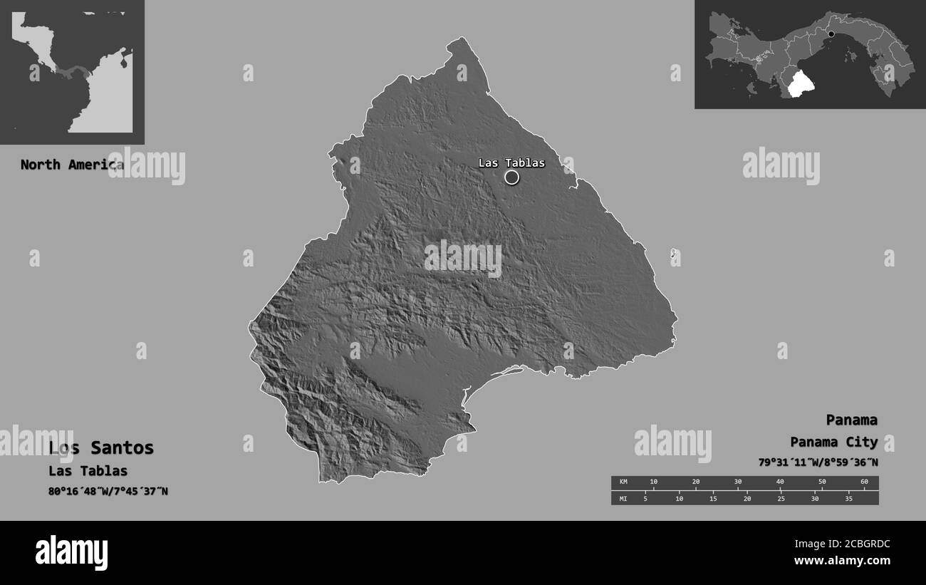 Forma di Los Santos, provincia di Panama, e la sua capitale. Scala della distanza, anteprime ed etichette. Mappa elevazione bilivello. Rendering 3D Foto Stock