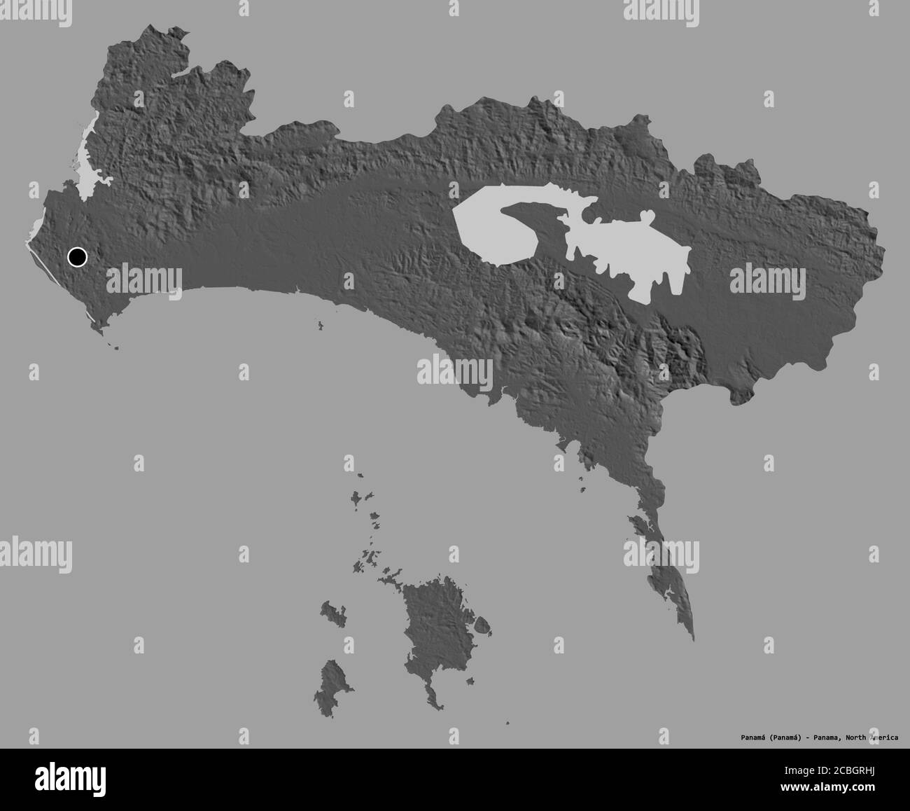 Forma di Panamá, provincia di Panama, con la sua capitale isolata su uno sfondo a tinta unita. Mappa elevazione bilivello. Rendering 3D Foto Stock