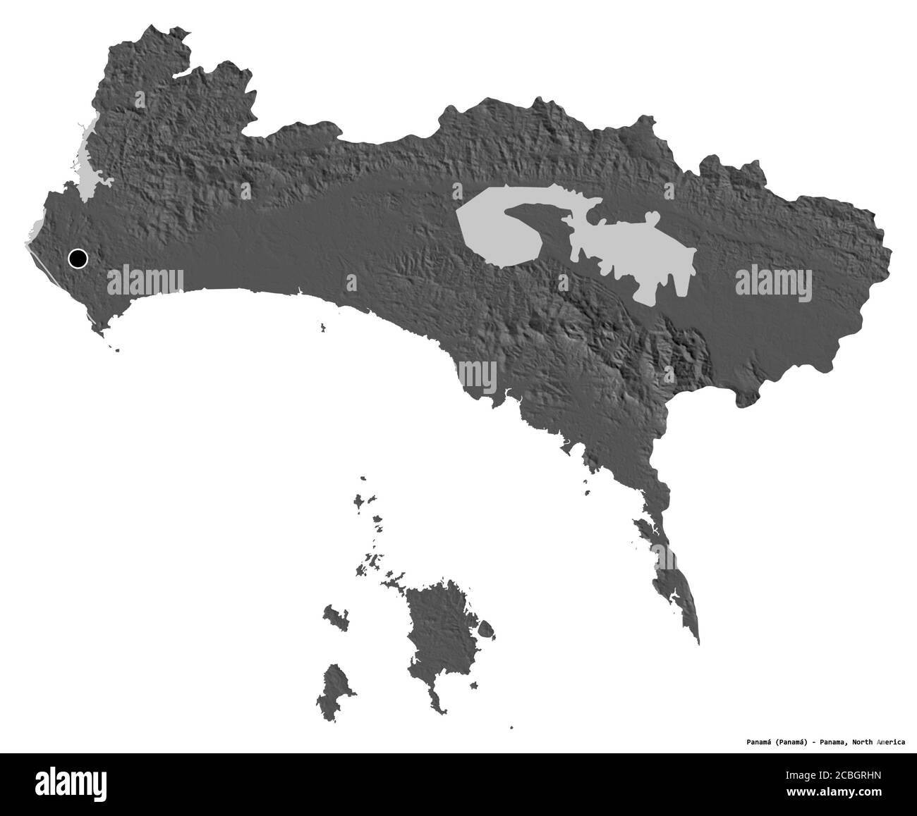 Forma di Panamá, provincia di Panama, con la sua capitale isolata su sfondo bianco. Mappa elevazione bilivello. Rendering 3D Foto Stock