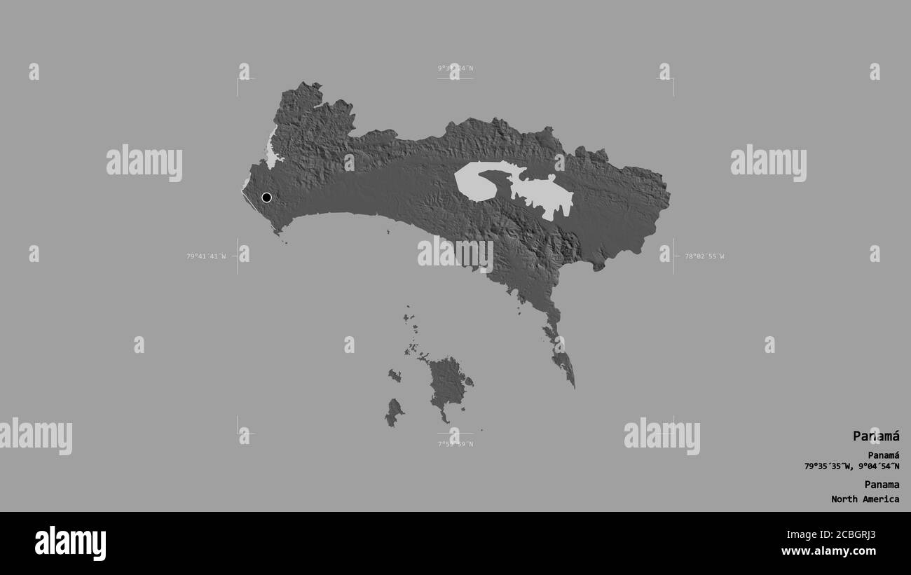 Area di Panamá, provincia di Panama, isolata su uno sfondo solido in una scatola di delimitazione georeferenziata. Etichette. Mappa elevazione bilivello. Rendering 3D Foto Stock