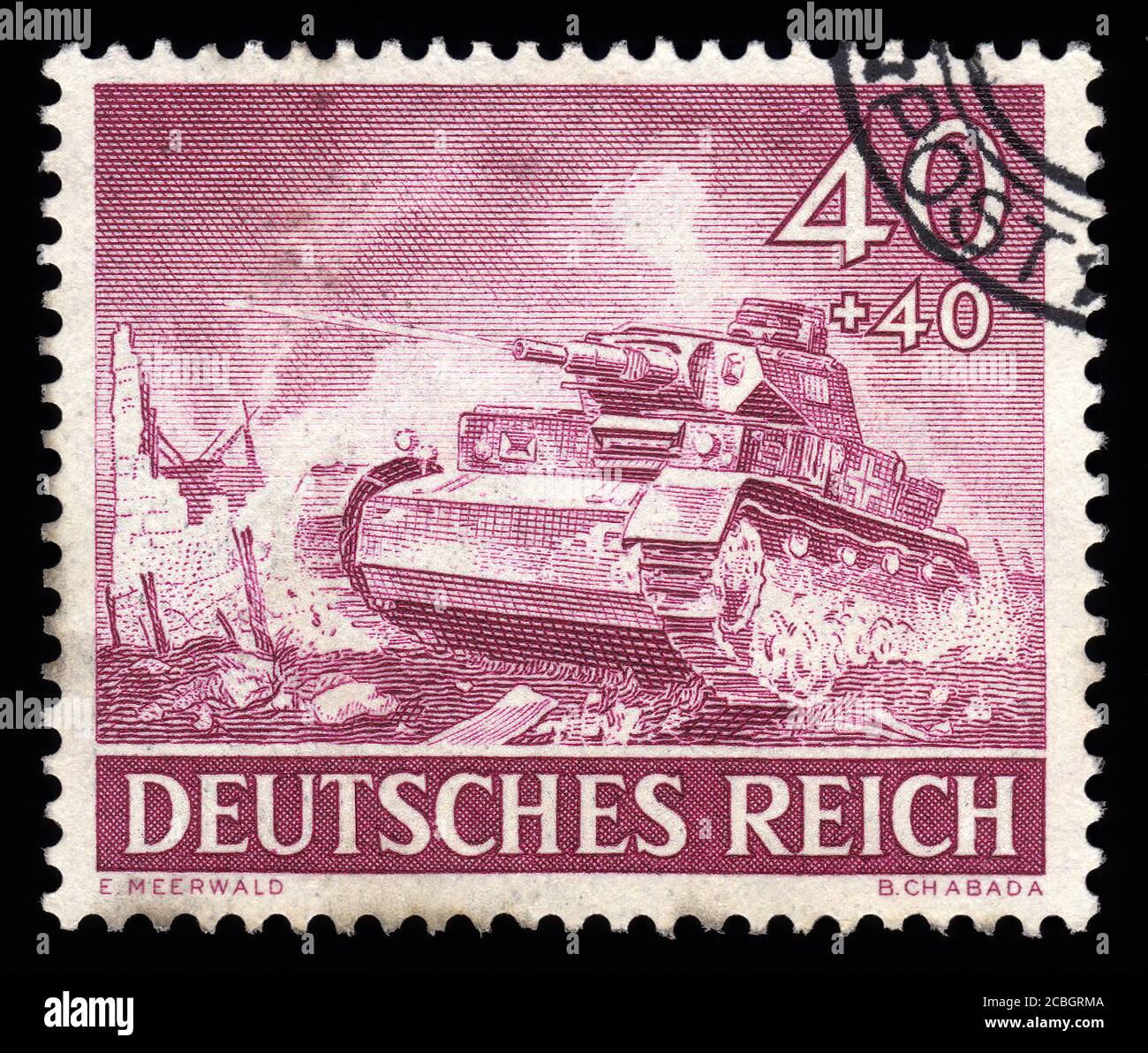 Londra, UK, 5 febbraio 2011 - Vintage 1943 la Germania ha annullato il francobollo con un'incisione di una raccolta di francobolli tedeschi del terzo Reich Foto Stock