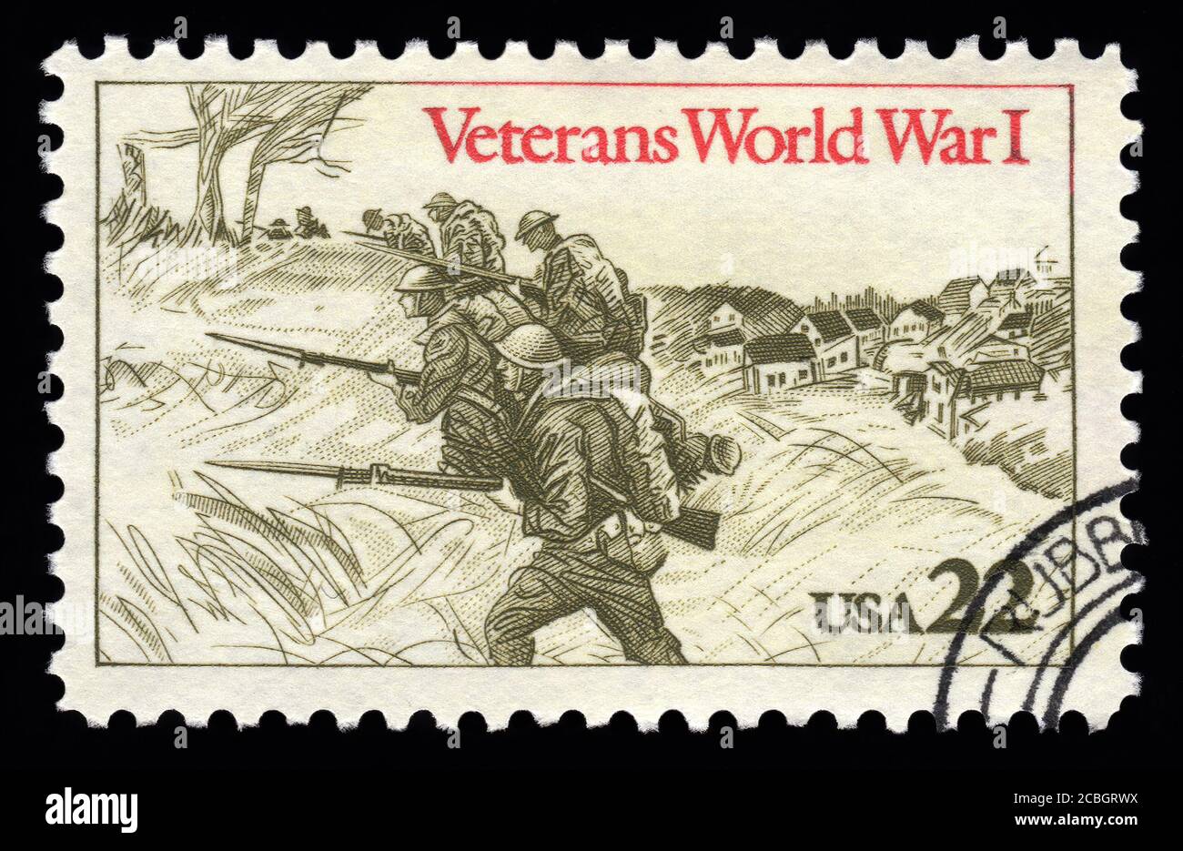 Londra, UK, 5 febbraio 2011 - vintage 1985 USA ha annullato il francobollo mostrando un'immagine incisa dei veterani della prima guerra mondiale che raccolgono il francobollo Foto Stock