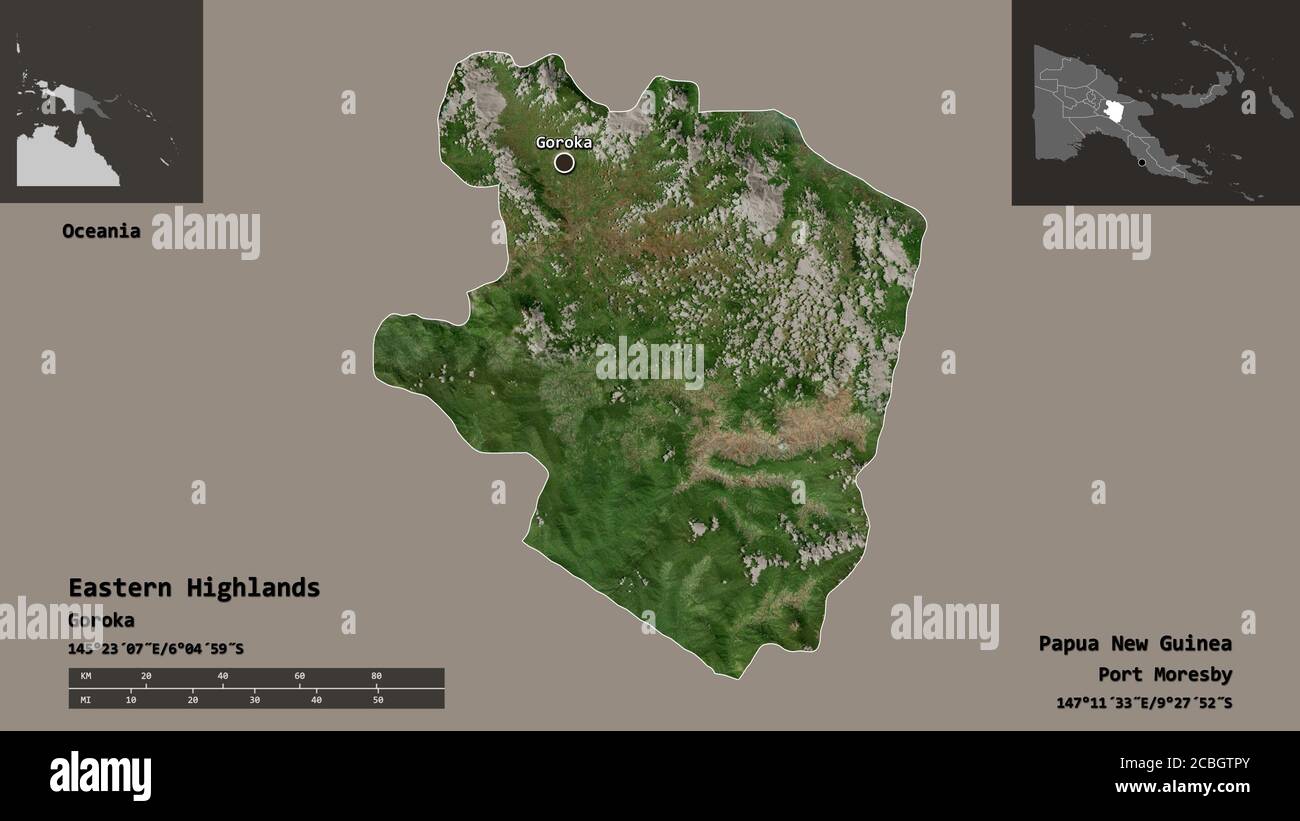 Forma degli altipiani orientali, provincia della Papua Nuova Guinea, e la sua capitale. Scala della distanza, anteprime ed etichette. Immagini satellitari. Rendering 3D Foto Stock