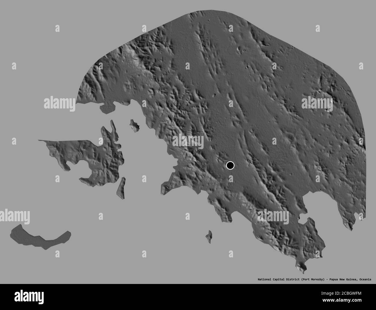 Forma del Distretto della capitale Nazionale, distretto di Papua Nuova Guinea, con la sua capitale isolata su uno sfondo di colore solido. Mappa elevazione bilivello. 3D ren Foto Stock