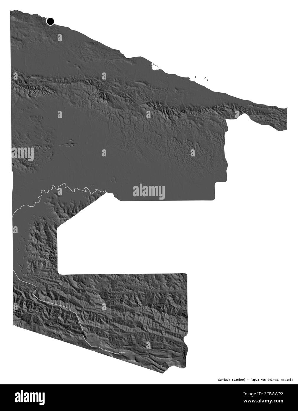 Forma di Sandaun, provincia di Papua Nuova Guinea, con la sua capitale isolata su sfondo bianco. Mappa elevazione bilivello. Rendering 3D Foto Stock