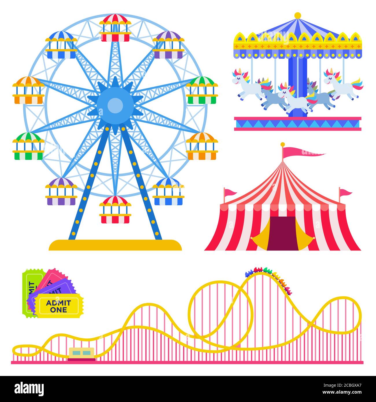 Set di giostre colorate e tenda da circo in un divertimento immagine vettoriale di parcheggio in piano Illustrazione Vettoriale