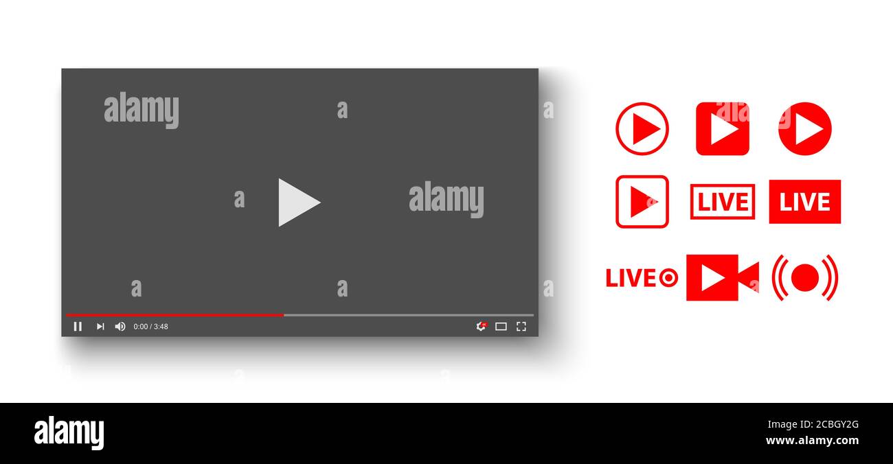 Lettore video con set di icone live, illustrazione vettoriale Illustrazione Vettoriale