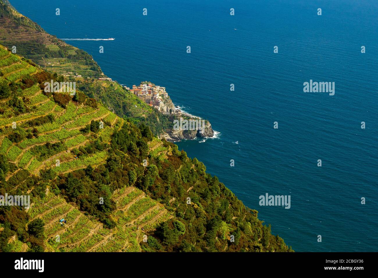 Vista sulla costa mediterranea della Liguria, caratterizzata da ripide scogliere con vigneti terrazzati sulle pendici che si affacciano sul mare. Una città delle cinque Foto Stock