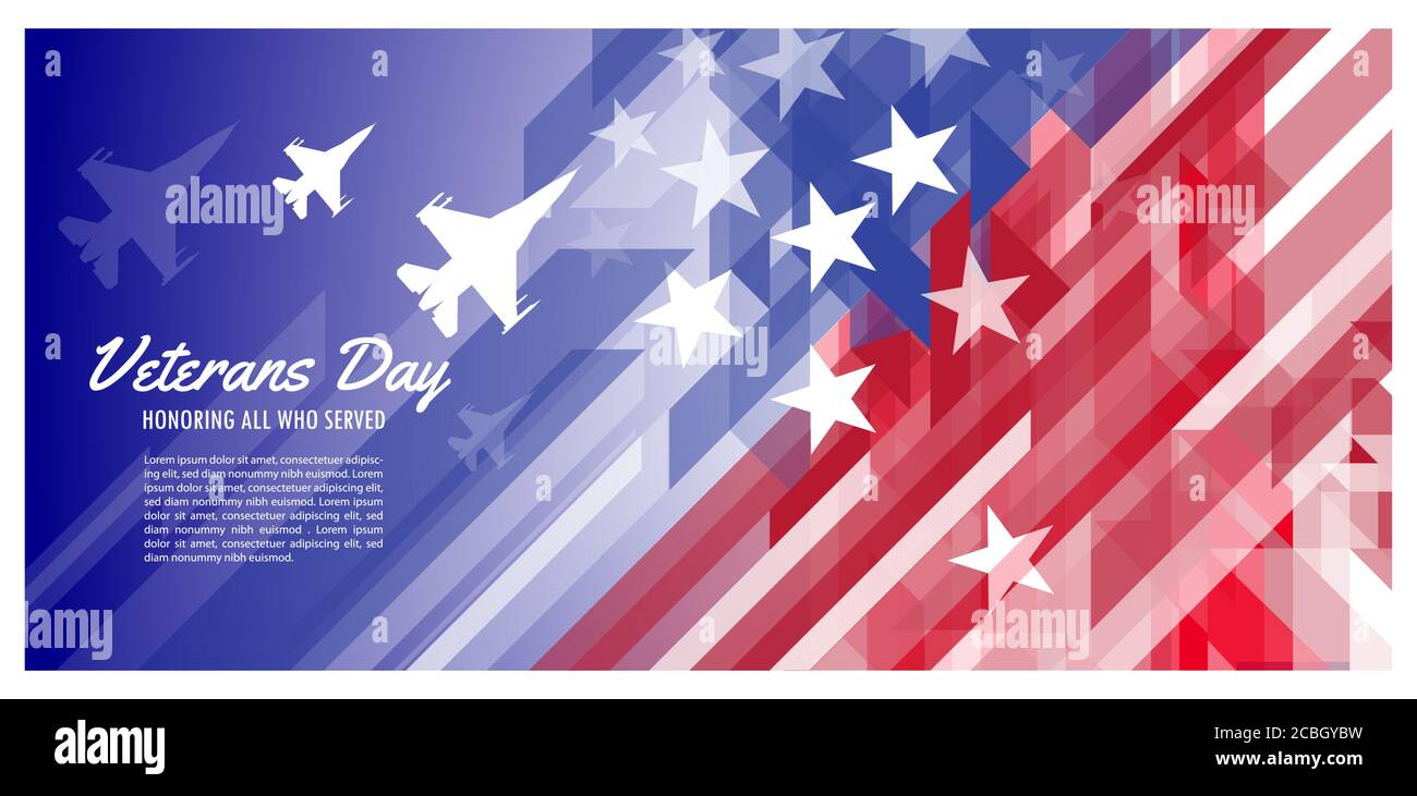 Buon giorno dei veterani. I combattenti del jet sullo sfondo della bandiera degli Stati Uniti. Aerei militari con simbolo della bandiera degli Stati Uniti d'America. Bandiera nazionale DEGLI STATI UNITI abstrac Illustrazione Vettoriale