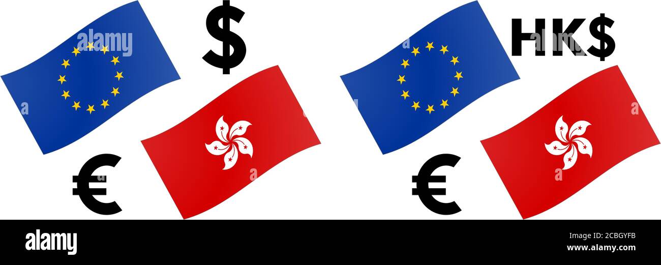 EURHKD immagine vettoriale della coppia di valute forex. Bandiera UE e Hongkong, con simbolo Euro e Dollaro. Illustrazione Vettoriale