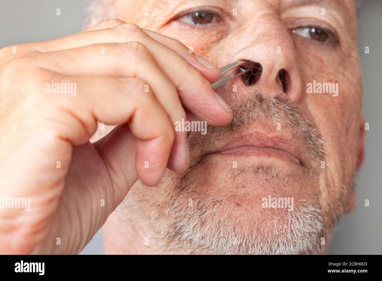 Uomo anziano non rasato pucking naso capelli con pinzette. Primo piano dell'immagine. Foto Stock