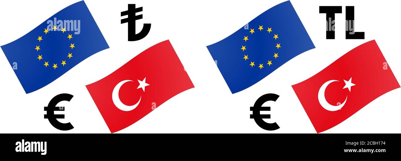 Illustrazione vettoriale coppia di valute EURTRY Forex. Bandiera dell'UE e della Turchia, con simbolo Euro e Lira. Illustrazione Vettoriale
